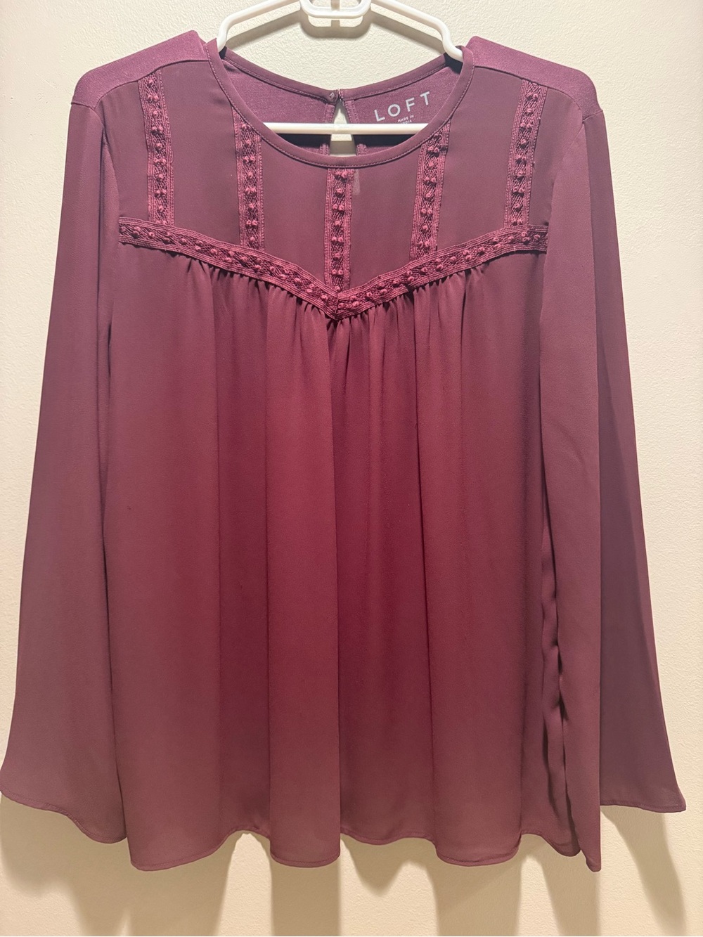 LOFT Plum/Burgundy Long-Sleeve Lace-Yoke Blouse